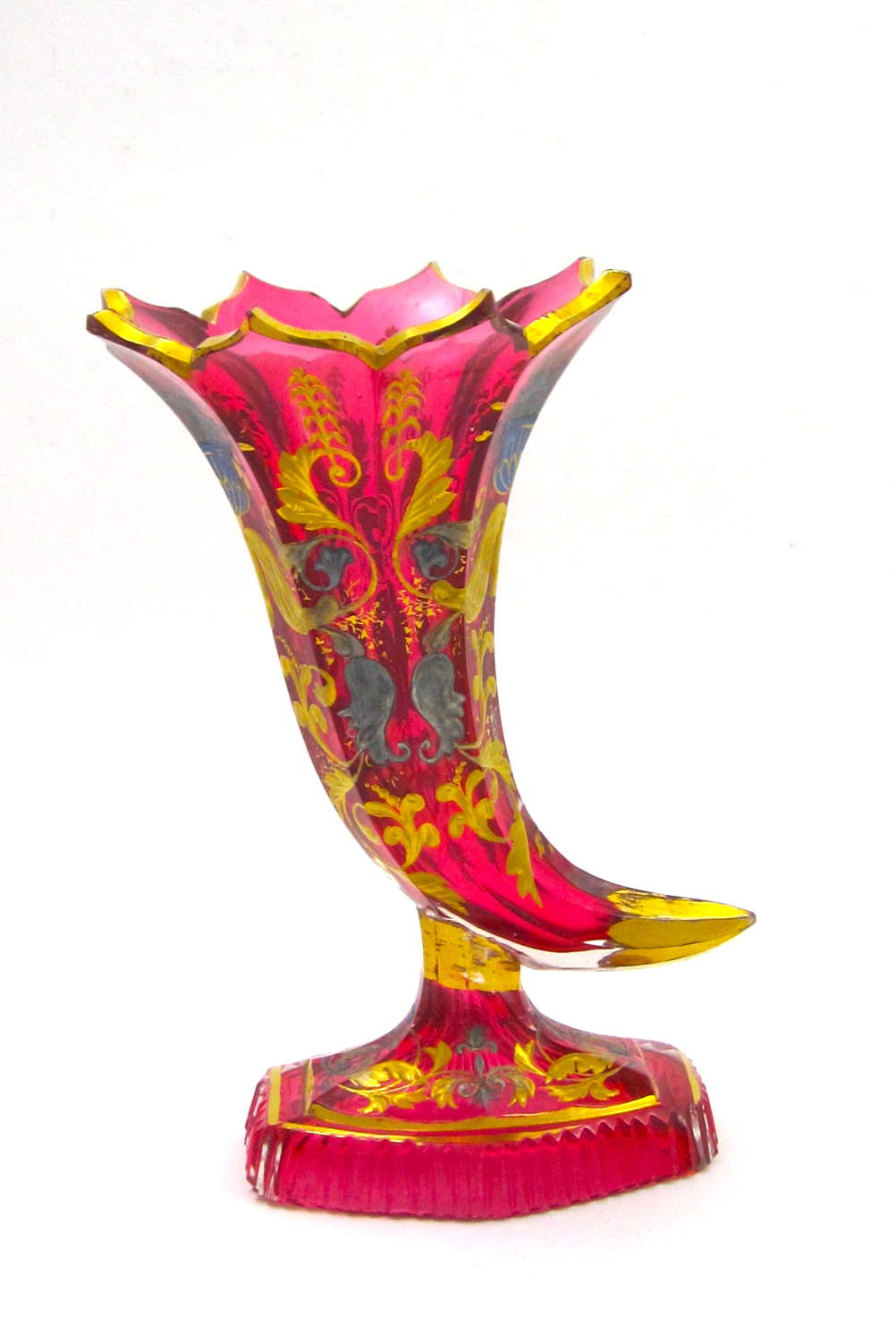 Rare Large Bohemian Cranberry Enamelled Glass Cornucopia Vase