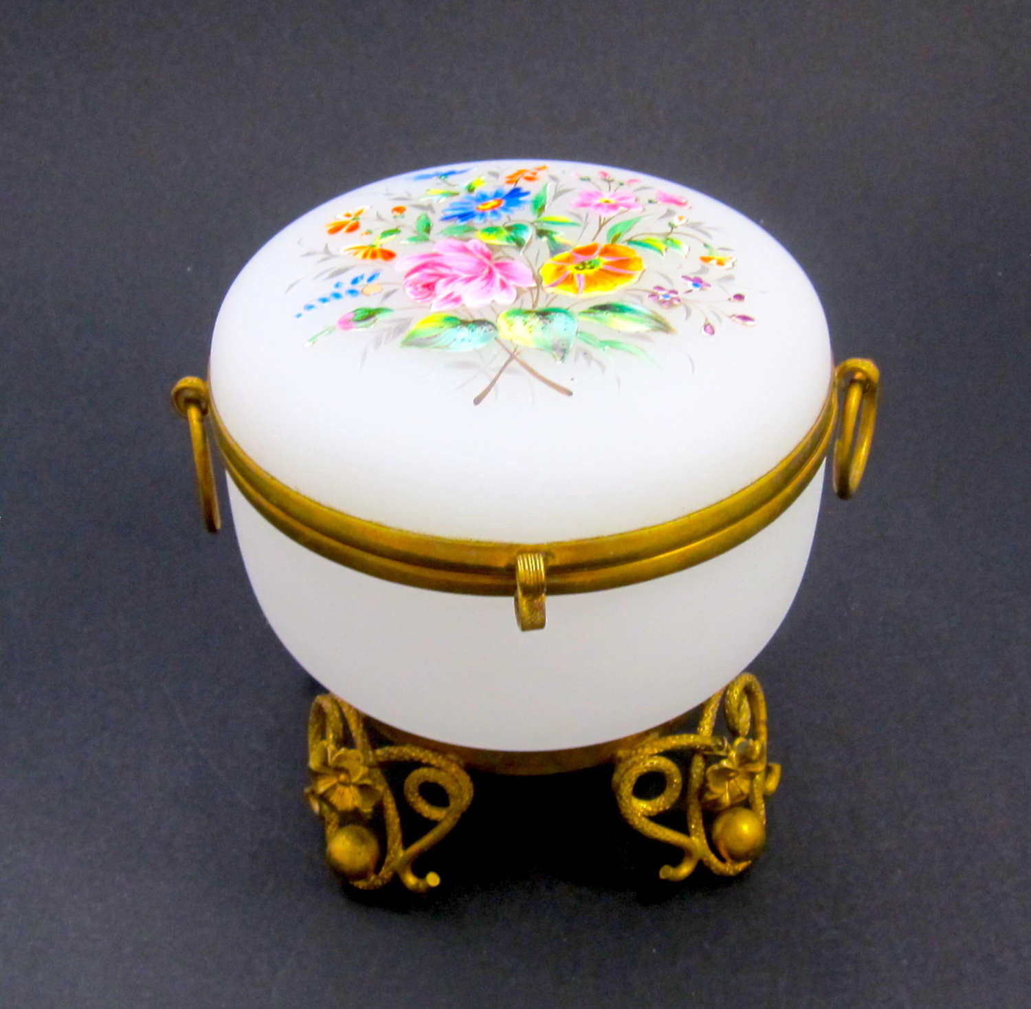 Antique French White Opaline Glass Casket Box with Pretty Flowers
