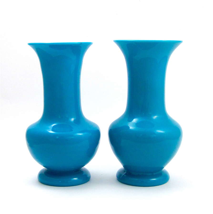 Pair of Early 19th Century French Blue Opaline Glass Balustrade Vases