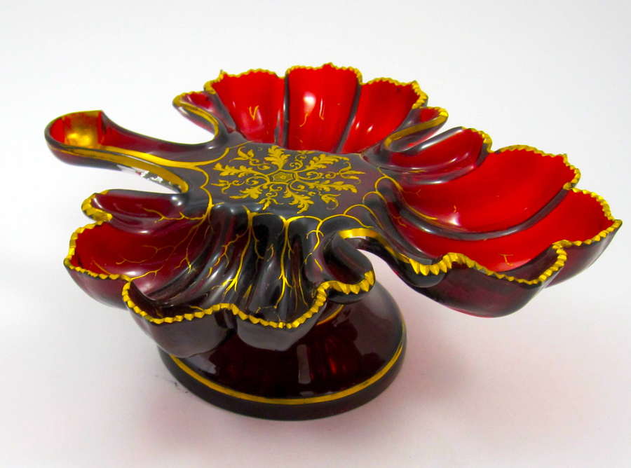 Unusual Antique Bohemian Ruby Red Leaf Shaped Dish