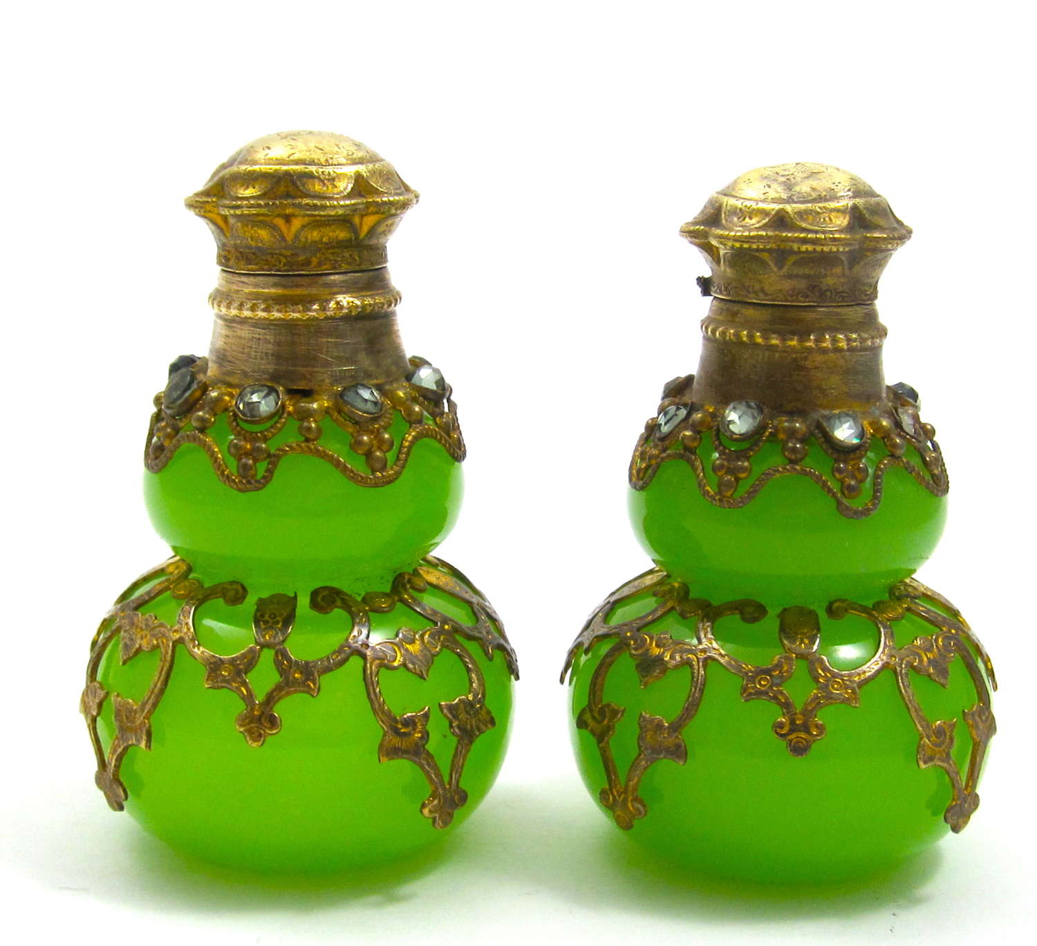 Pair of Antique Palais Royal Green Opaline Glass Perfume Bottles
