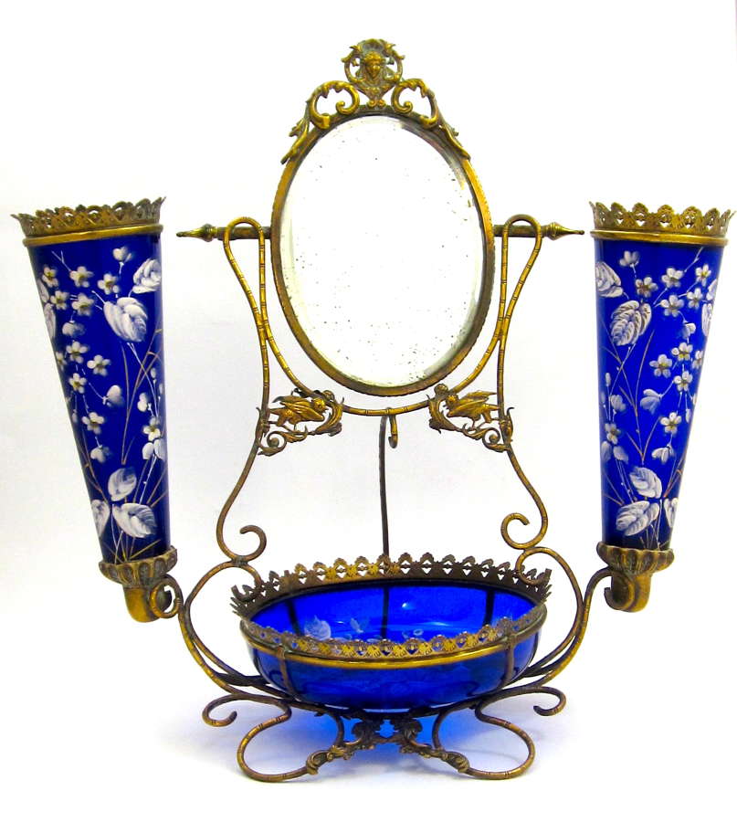 Large Antique French Cobalt Blue Glass Dressing Table Set