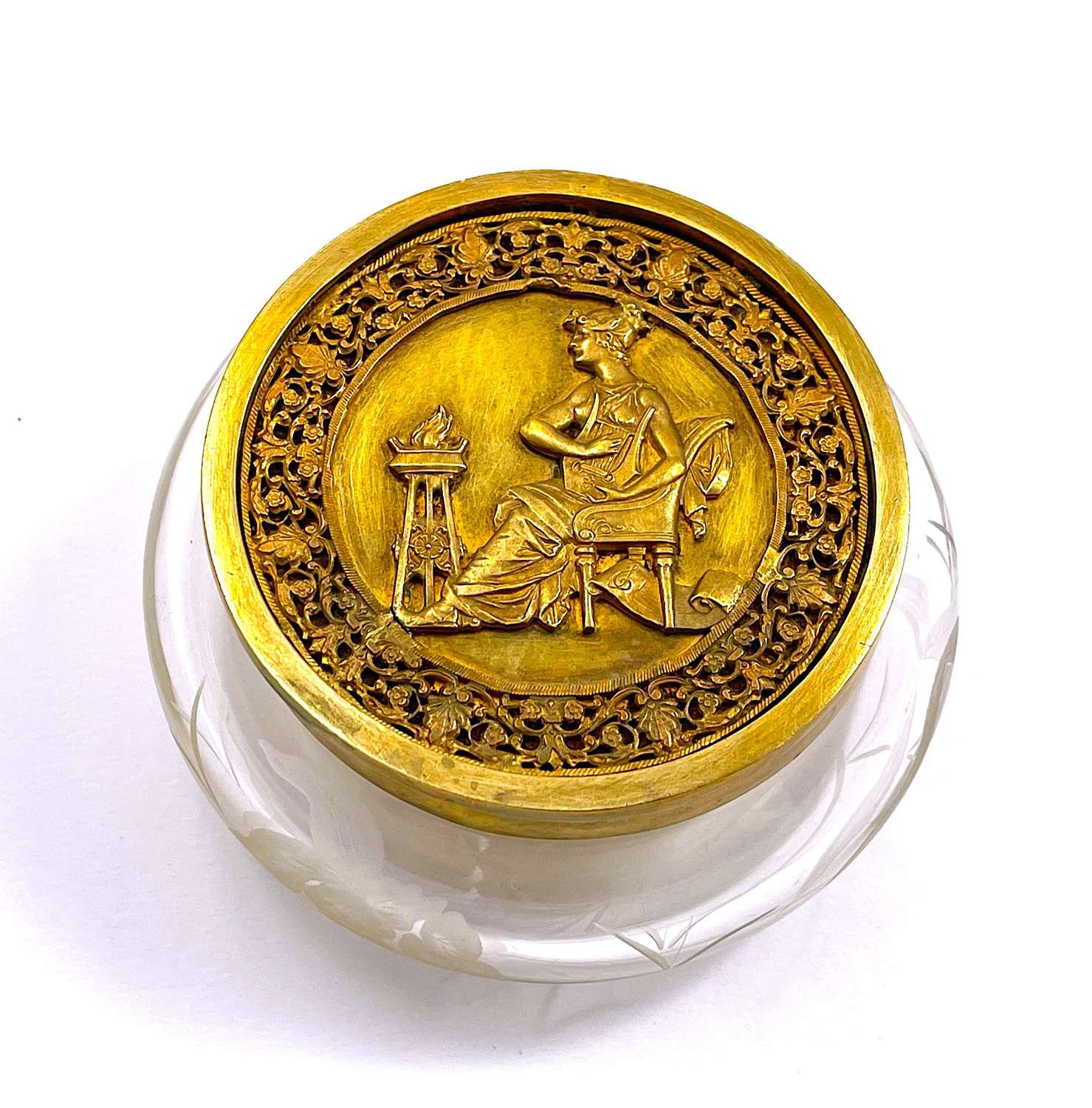 Antique Napoleon III Round Engraved Casket with a Dore Bronze Lid