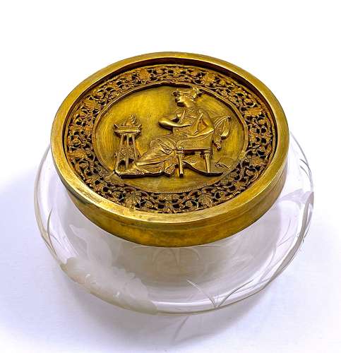 Antique Napoleon III Round Engraved Casket with a Dore Bronze Lid