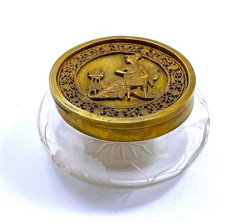 Antique Napoleon III Round Engraved Casket with a Dore Bronze Lid