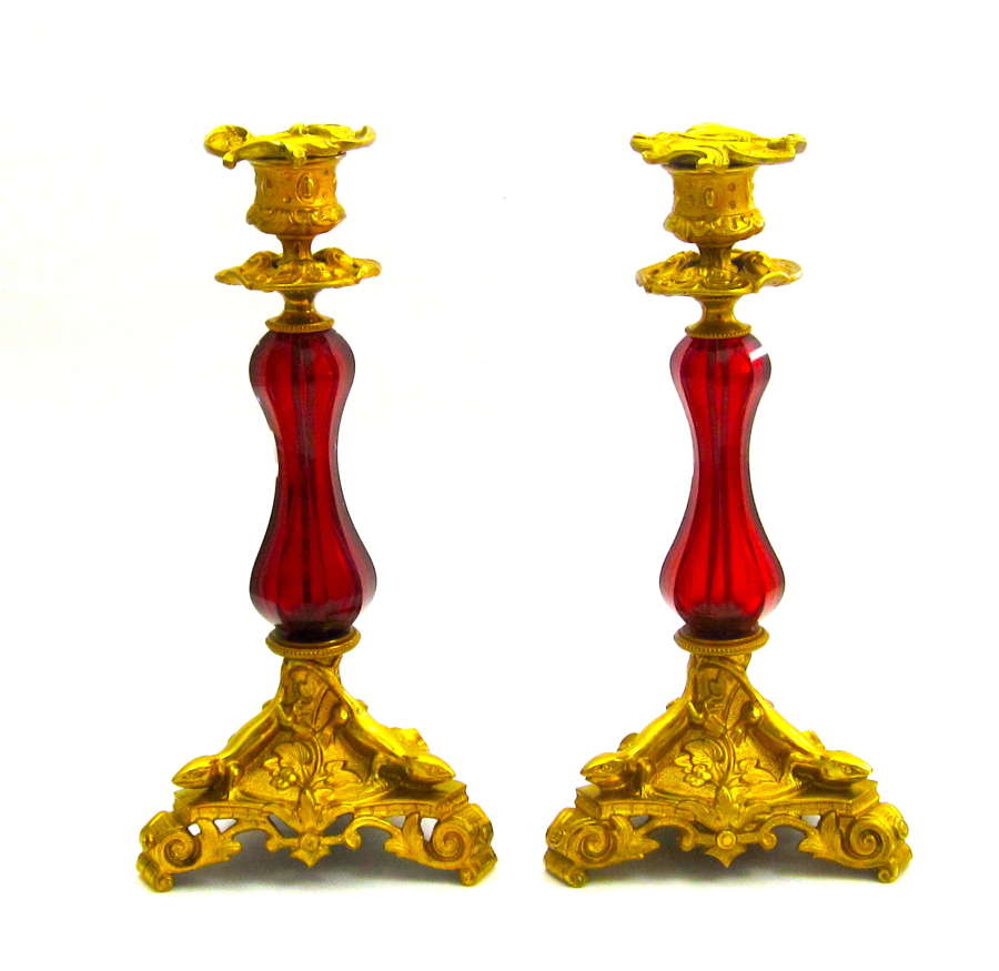 Pair of Super Antique French Ruby Red Crystal Candlesticks