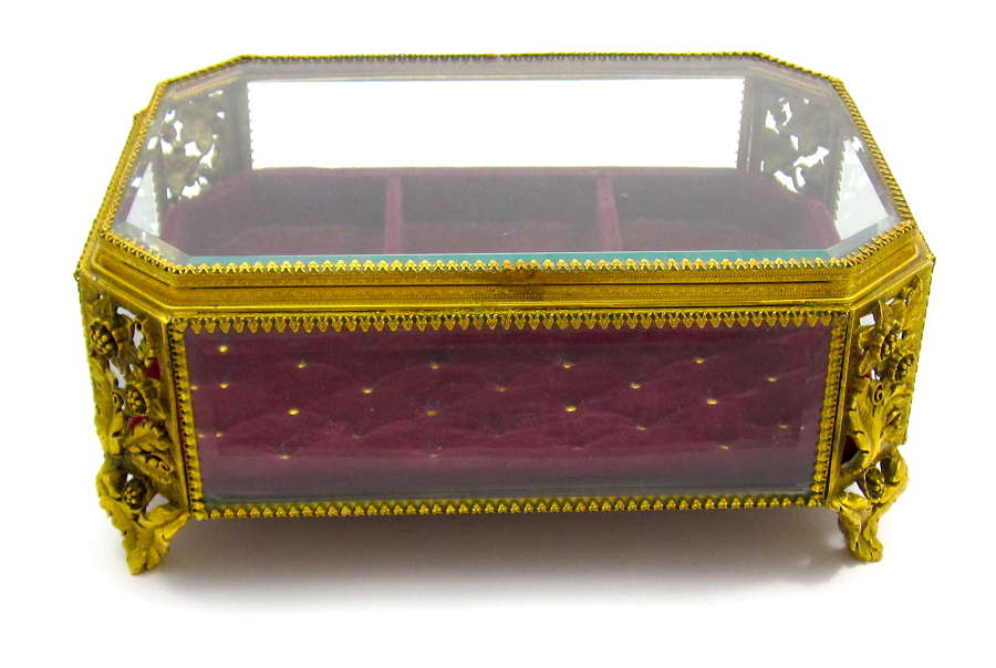 Antique French Dore Bronze and Crystal Jewellery Casket