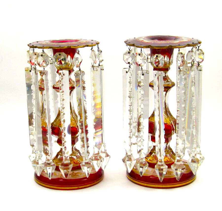 A Pair of Antique Bohemian Glass Lustres Decorated with Red Cabochon