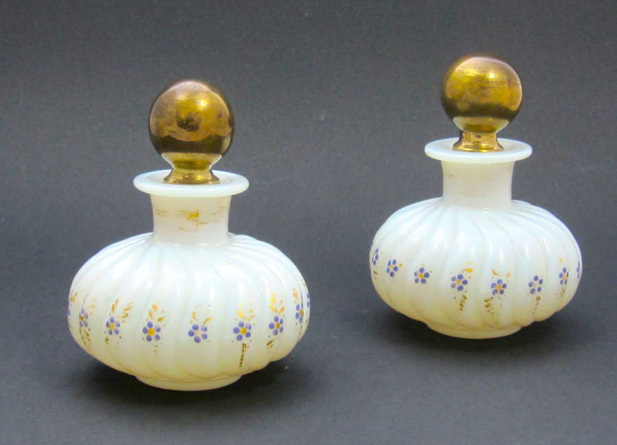 Pair of Antique Baccarat Opaline Perfume Bottles with Forget Me Knots