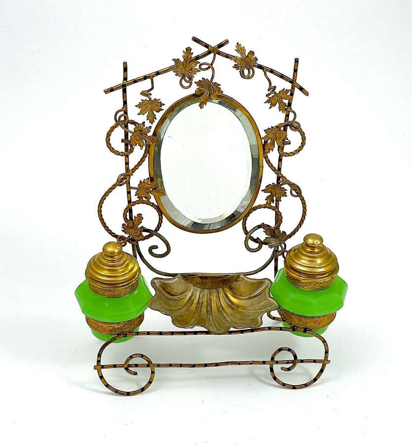 Antique French Palais Royal Green Opaline Glass Perfume and Mirror Set