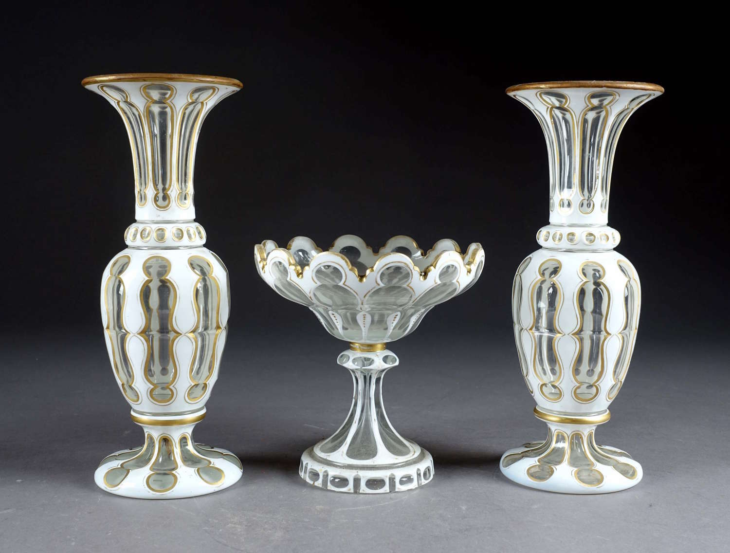 Antique Garniture of Bohemian White Overlay Glass Vases