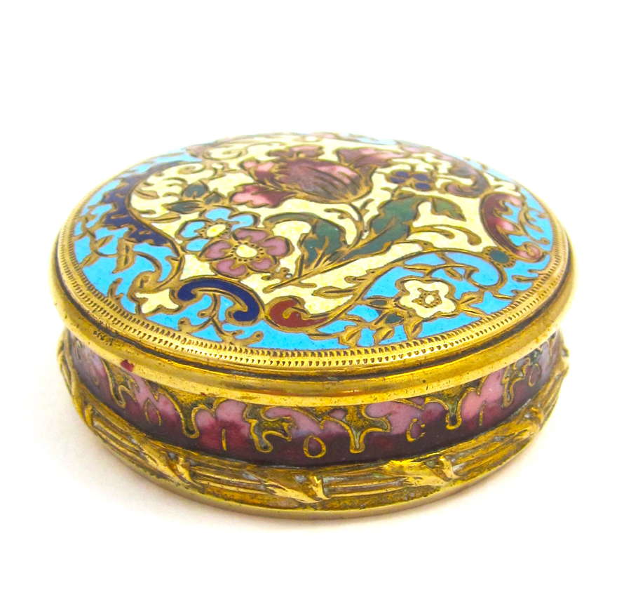 Pretty Antique French Champlevé Box in Rose Pink, Turquoise & Green