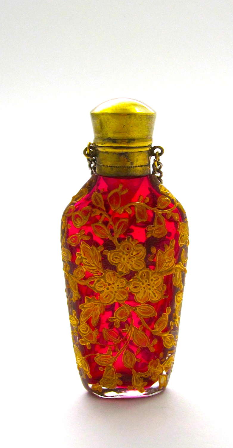 Antique MOSER Cranberry Glass Enamelled Perfume Bottle