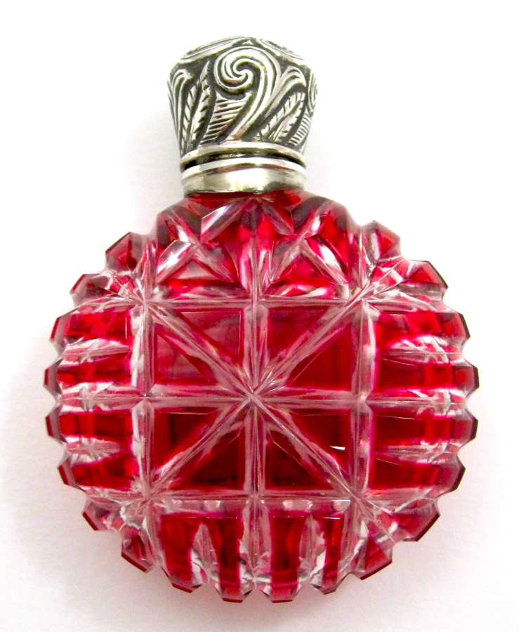 Very Pretty Antique Cranberry Overlay Cut Glass Scent Bottle