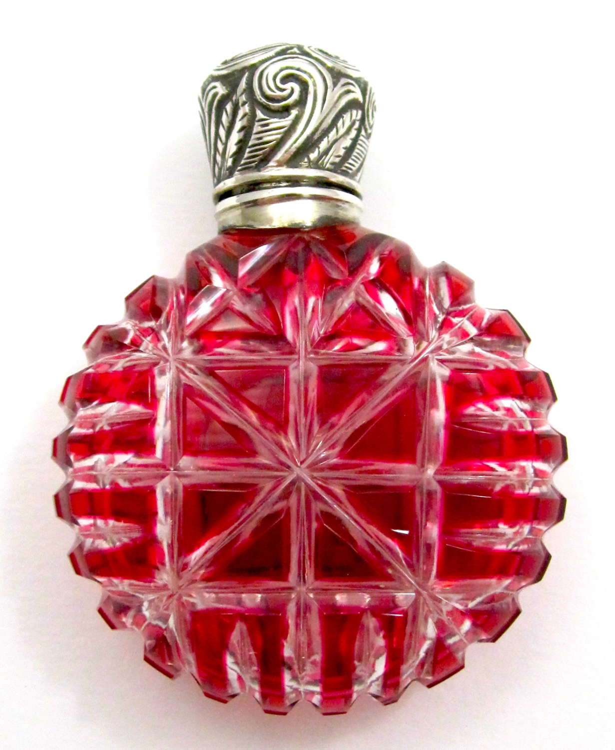Very Pretty Antique Cranberry Overlay Cut Glass Scent Bottle