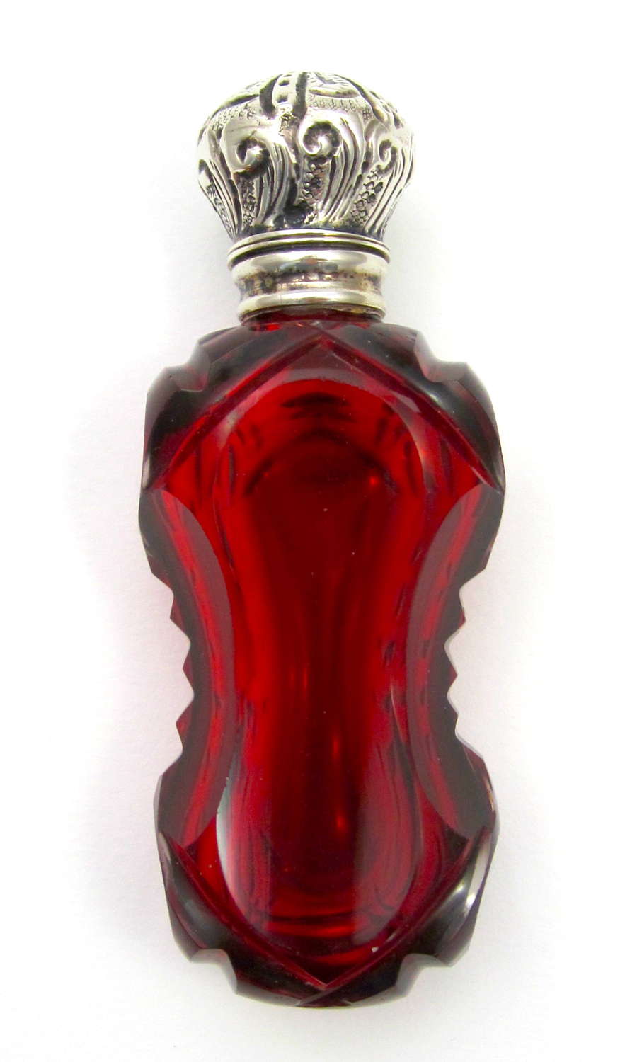Antique Silver and Ruby Red Cut Glass Scent Bottle