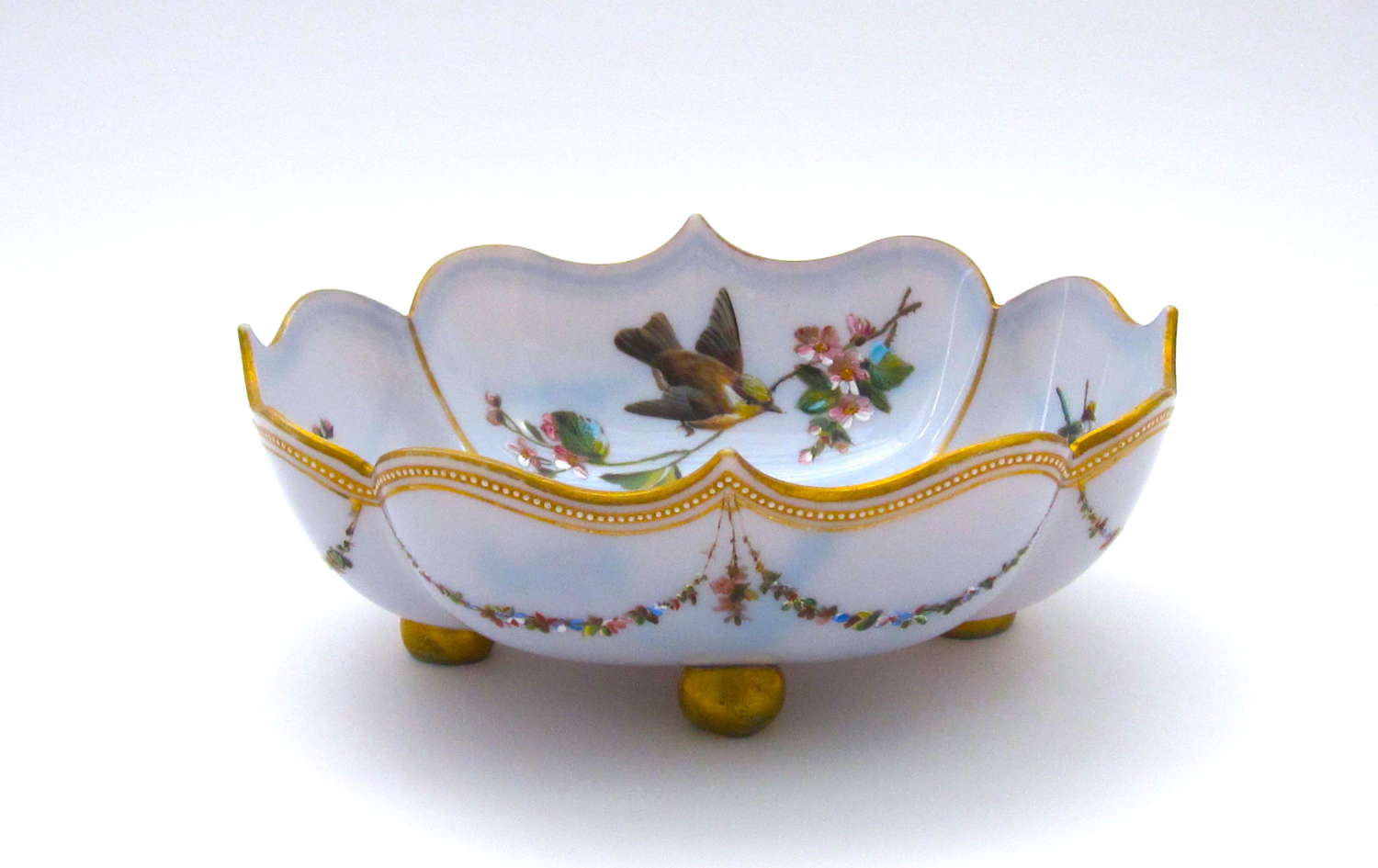 Antique Pale Lavender Opaline Glass Dish Decorated with Birds