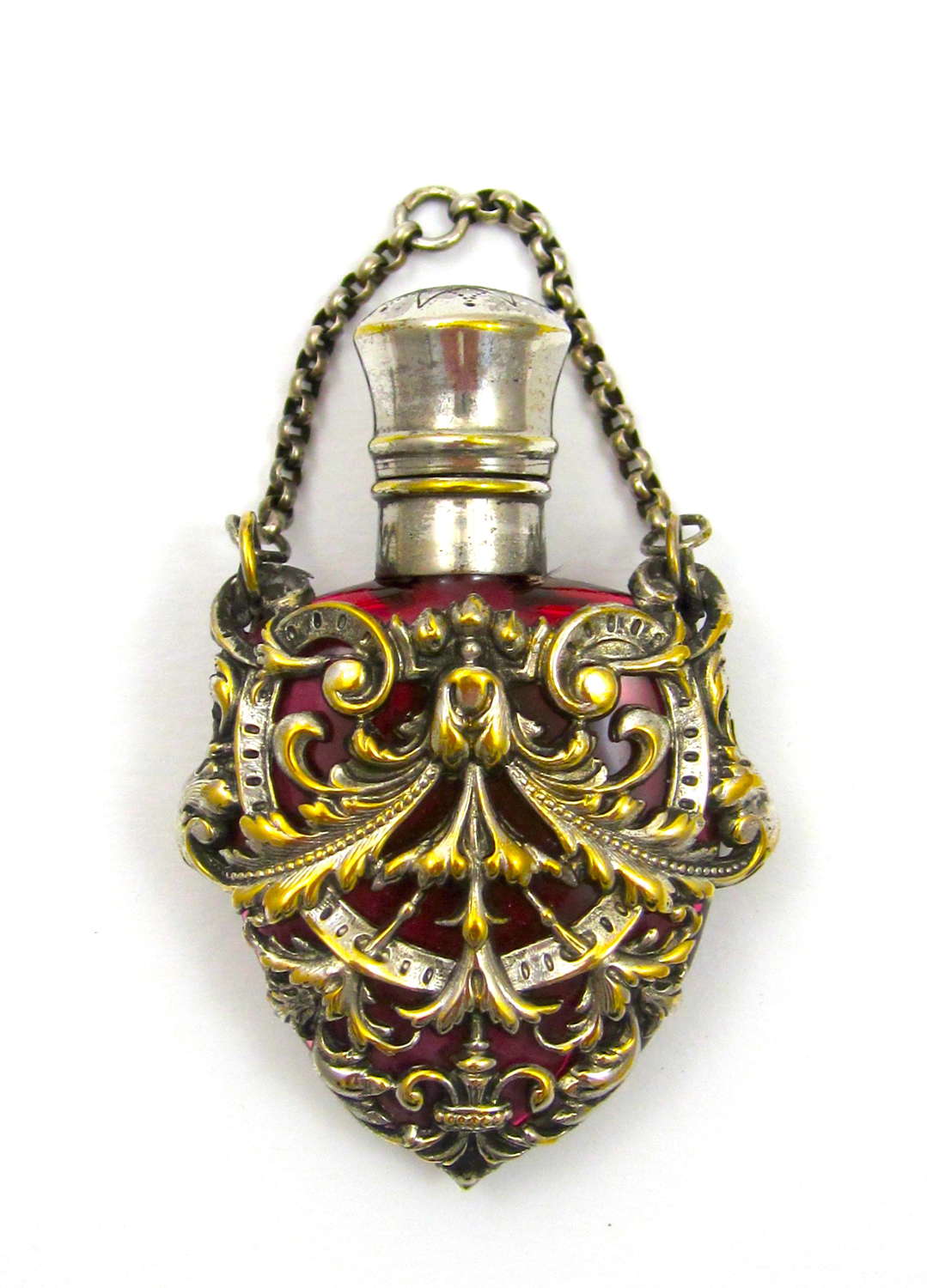 Pretty Antique Heart Shaped Ruby Red Crystal Glass Scent Bottle