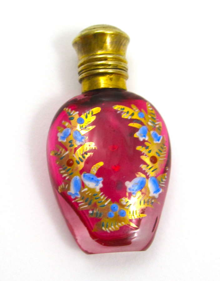 Antique Miniature Moser Cranberry Glass Perfume Bottle with Bluebells