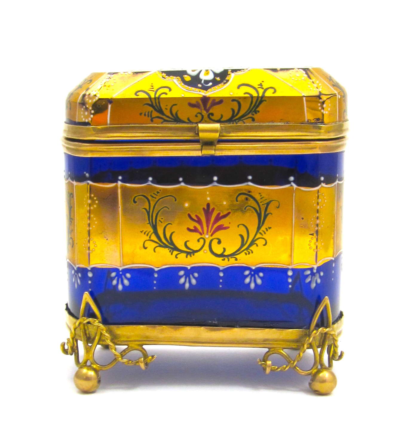 Antique MOSER Cobalt Blue Casket Box with Beautiful Flowers