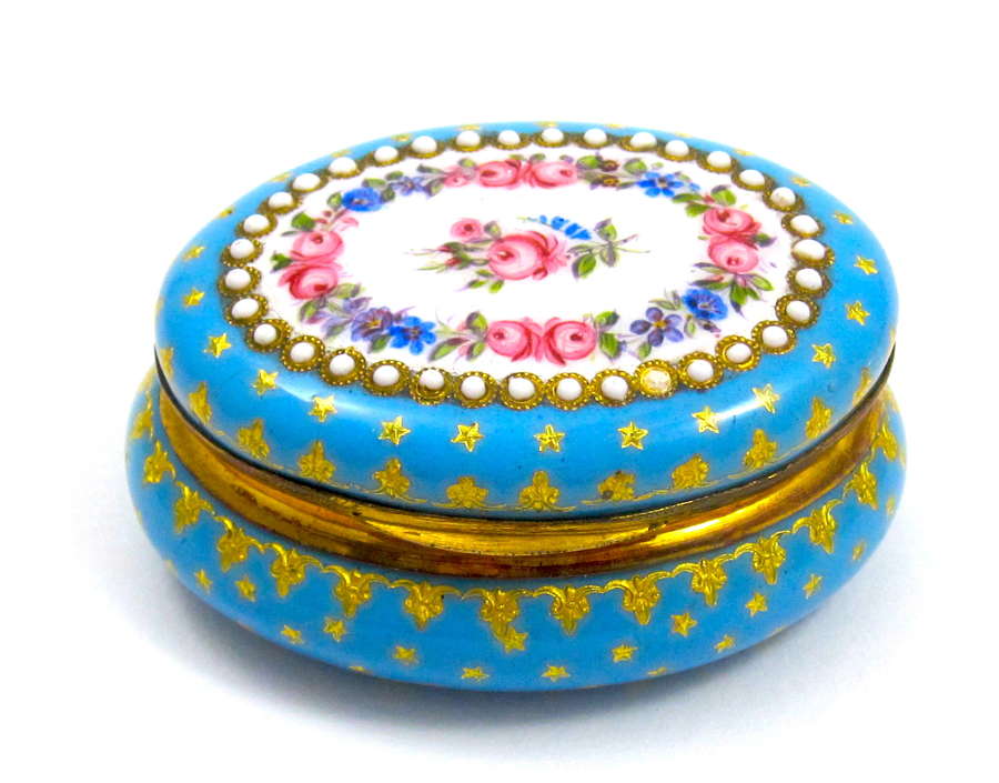 Antique French Turquoise Blue Enamelled Pill Box with Pink Roses