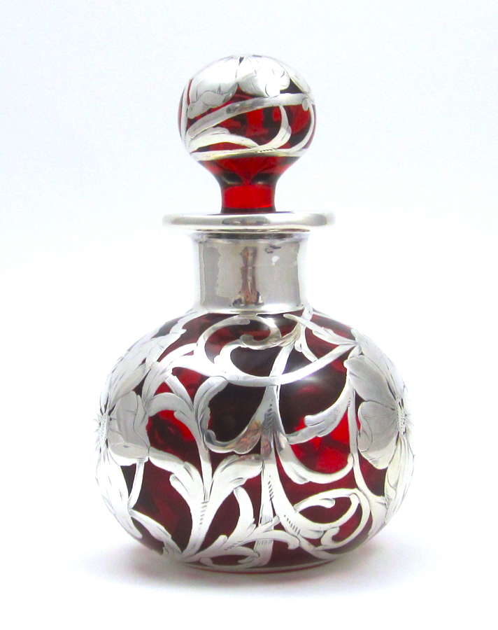 Large Art Nouveau Cranberry Sterling Silver Overlay Perfume Bottle