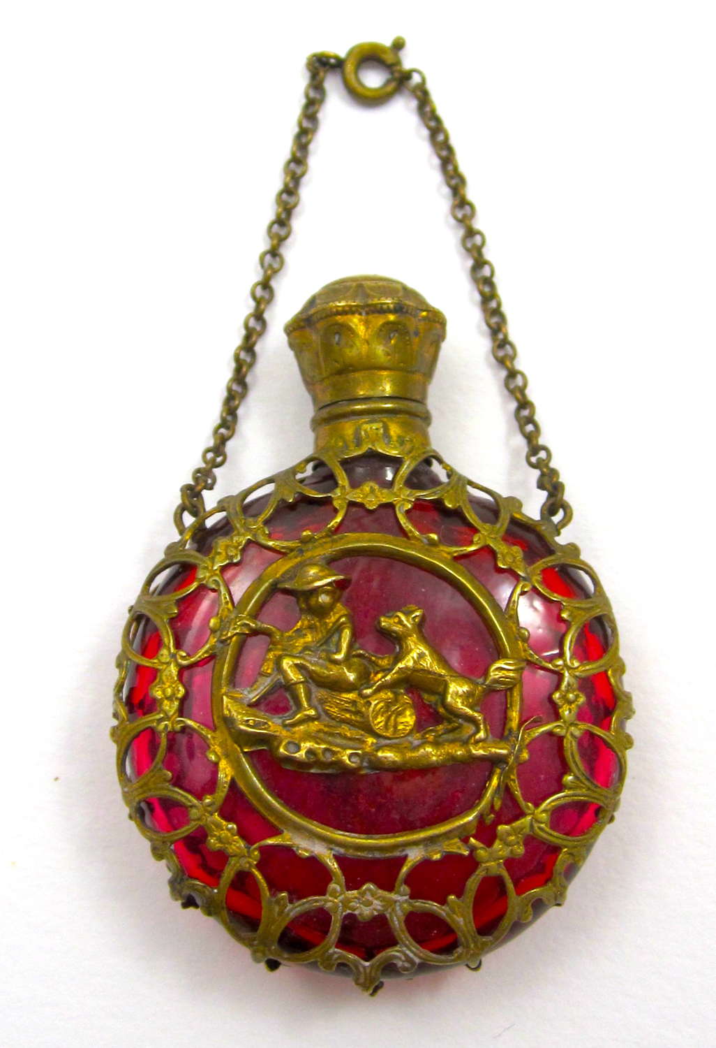 Antique Palais Royal Ruby Red Glass Scent Bottle with Boy and His Dog
