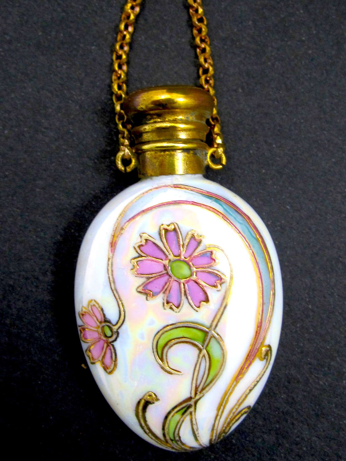 Art Nouveau Iridescent Porcelain Perfume Bottle Chatelaine