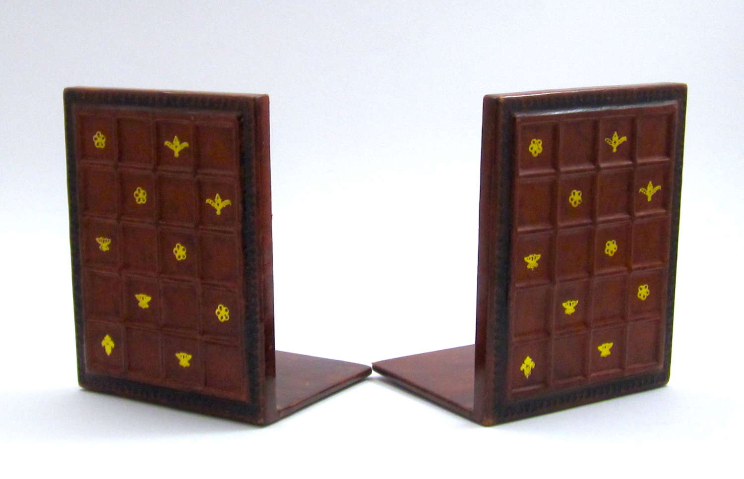 Pair of Vintage Leather Book Ends with Gold Stamped Design