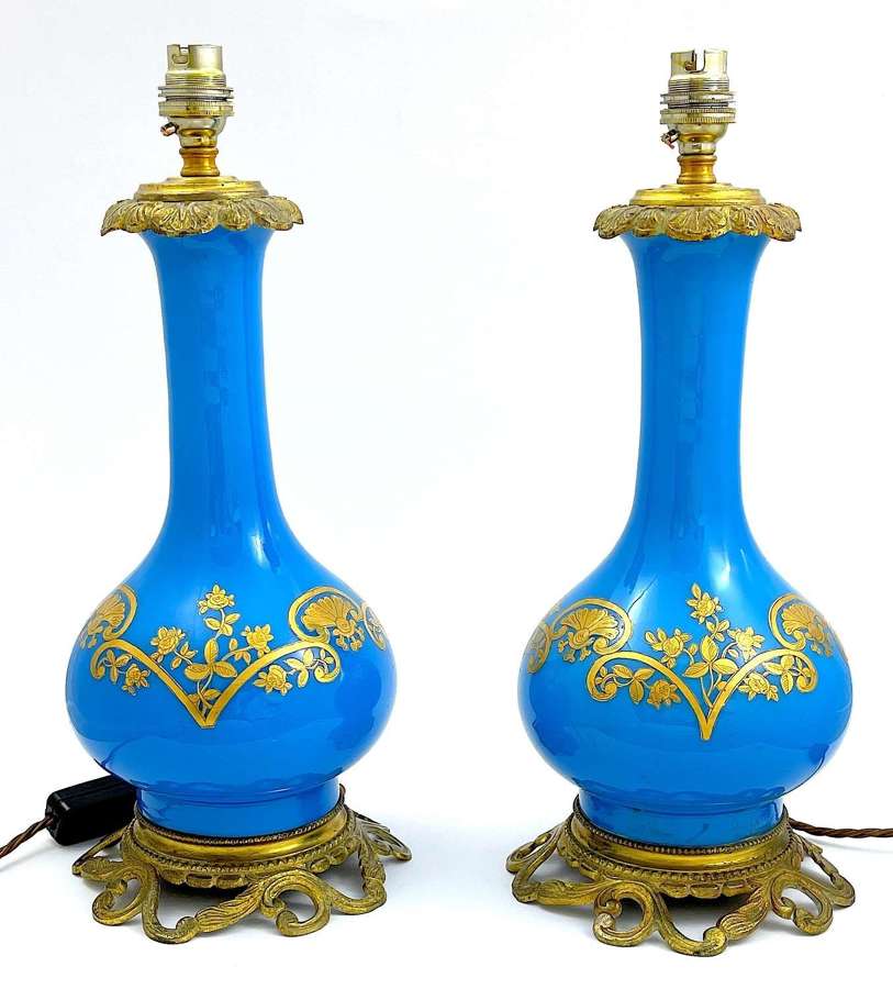Pair of Antique French Blue Opaline Glass Lamps