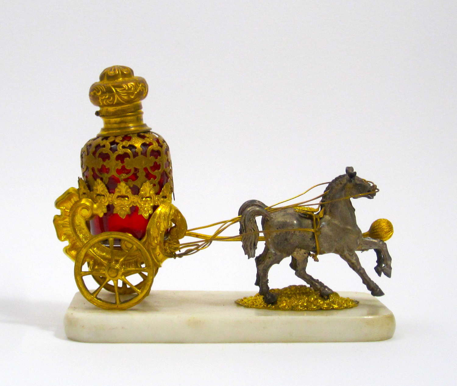 Antique Palais Royal Dore Bronze Carriage and Ruby Perfume Set