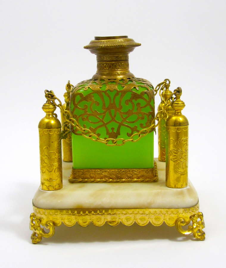 A Large Palais Royal Green Opaline Glass Perfume Bottle Set