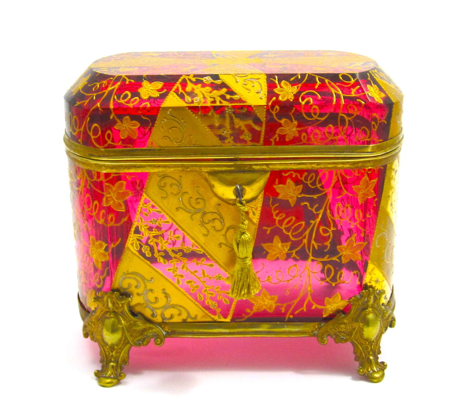 Very Large Antique MOSER Cranberry Casket Decorated with Gold Enamel