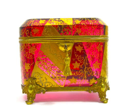 Very Large Antique MOSER Cranberry Casket Decorated with Gold Enamel