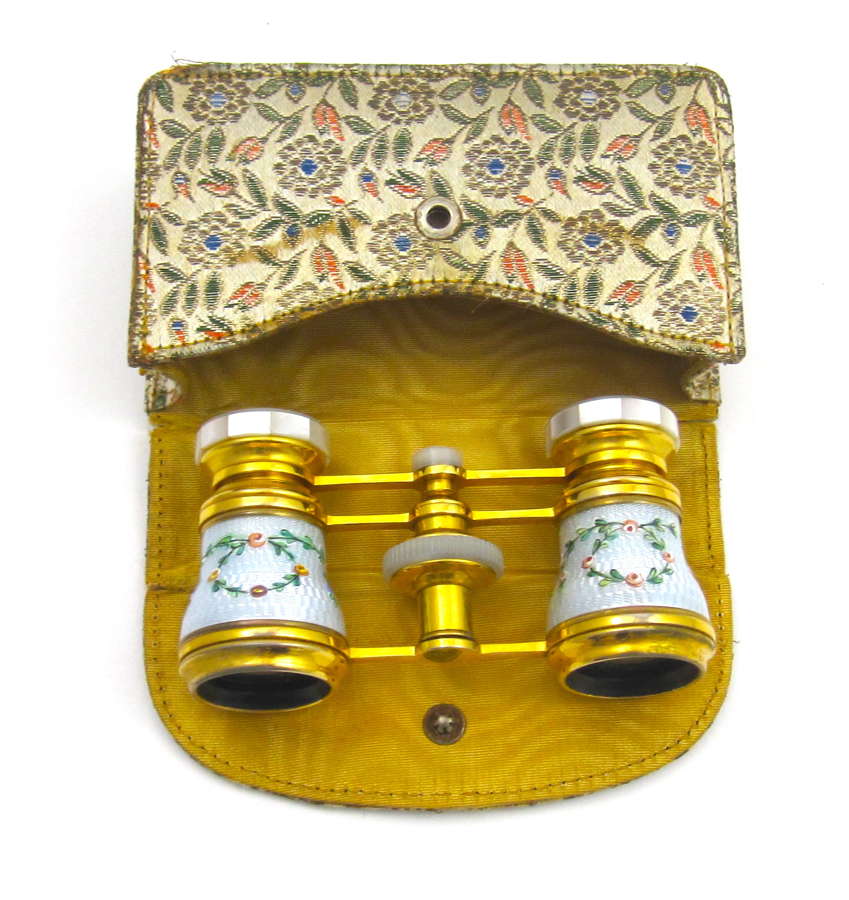 Pair of Antique French Enamel Opera Glasses and Case