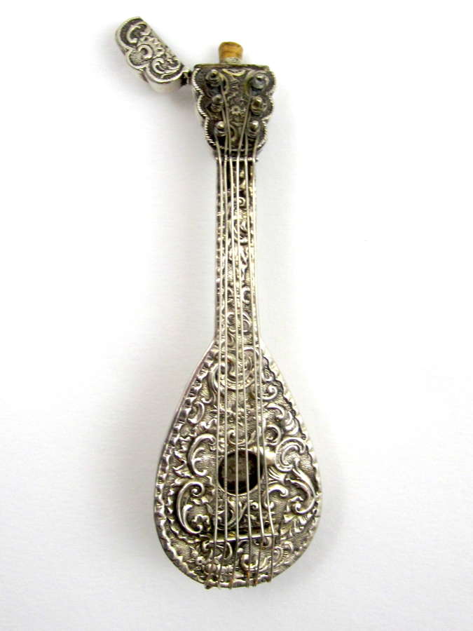 Rare Antique Dutch Silver Mandolin Perfume Bottle with Cherubs