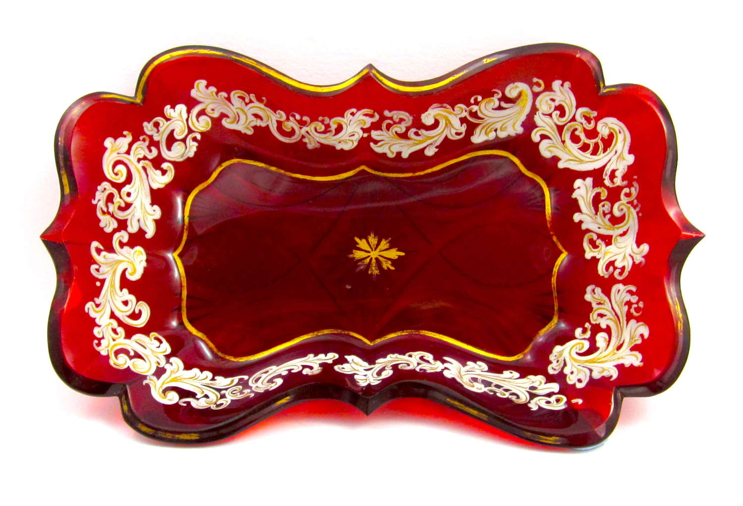 Small Antique Bohemian Deep Ruby Red Glass Gold Enamelled Dish