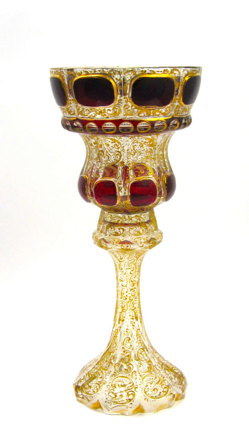 A Tall Antique Bohemian Goblet Decorated with Red Jewel Cabochons