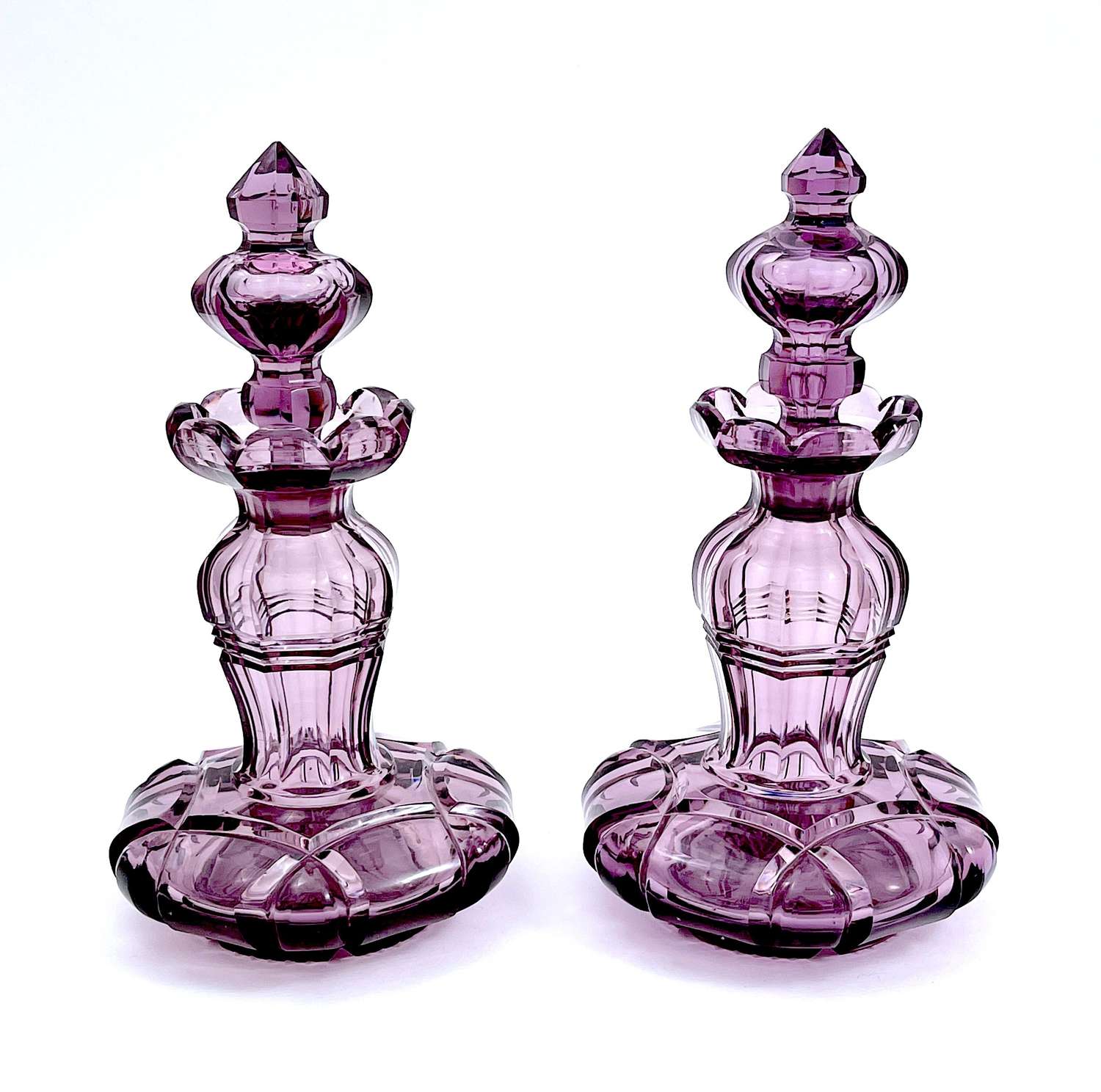 Pair of Antique French Amethyst Cut Crystal Perfume Bottles