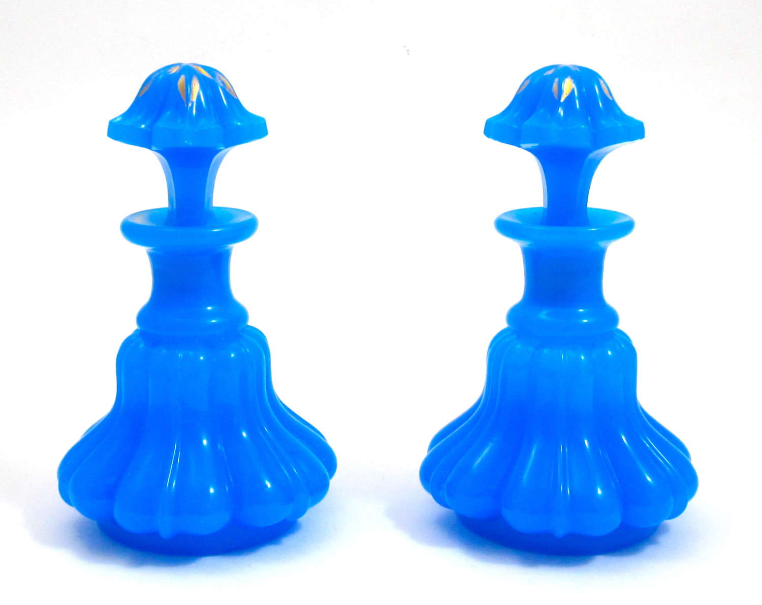 Antique Pair of French Blue Opaline Glass Perfume Bottles