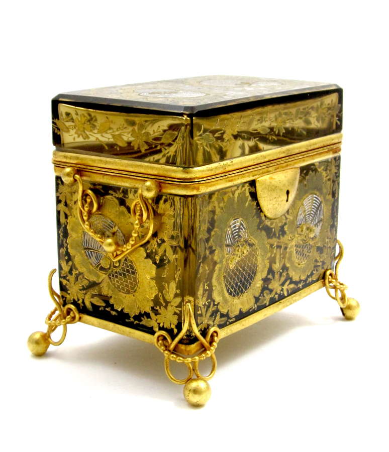 Antique Moser Amber Glass Casket Box with Gold Enamelling