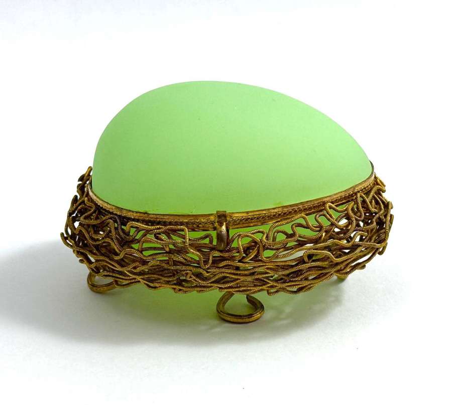 Antique Palais Royal Green Opaline Glass Egg Shaped Casket