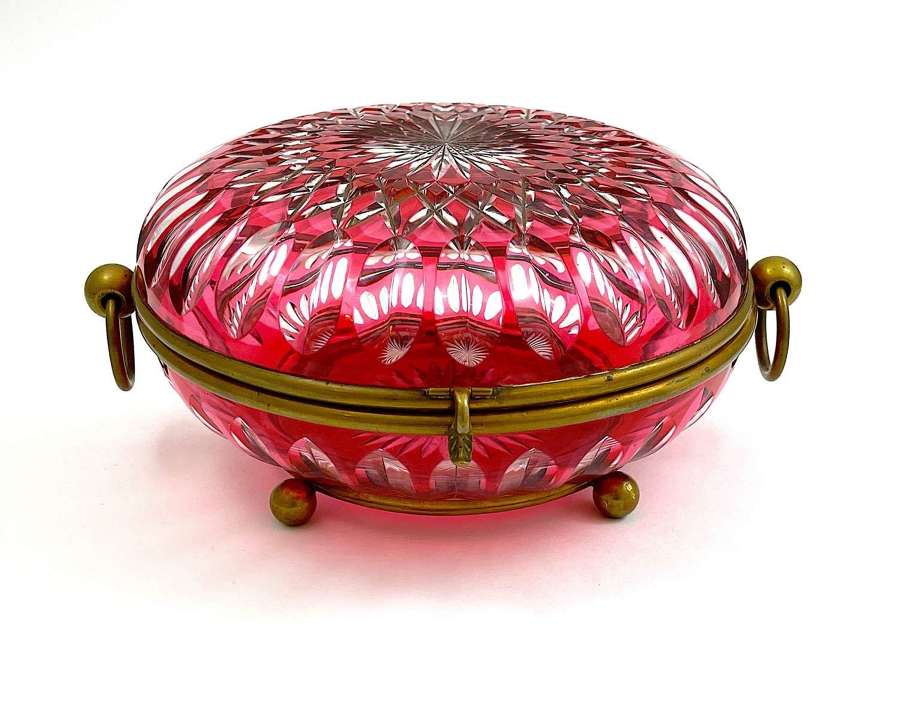 HUGE Antique French Cranberry & Clear Crystal Round Casket Box