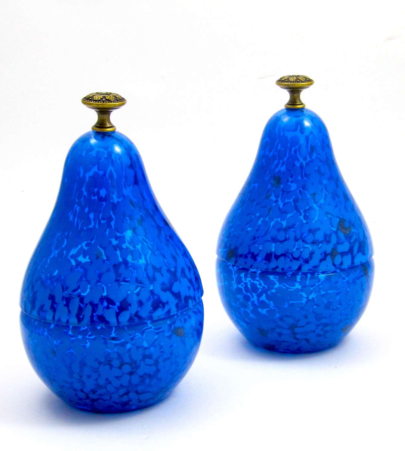 Unusual Pair of Vintage Glass Pear Boxes with Dore Bronze Finials