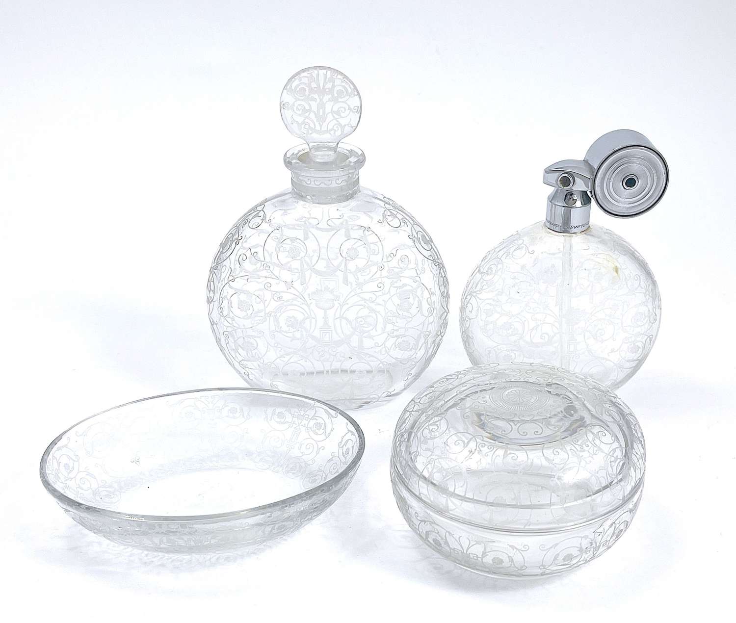 Antique Signed Baccarat Engraved Crystal Glass Perfume Set
