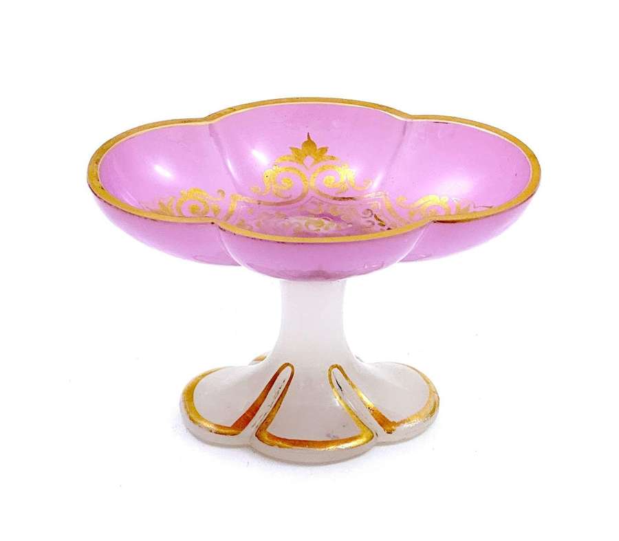 Unusual Antique French Pink & White Opaline Dish Highlighted in Gold