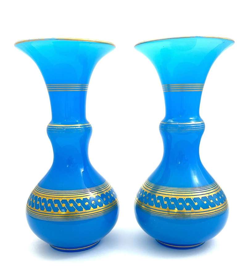 Pair of High Quality Baccarat Blue Opaline Glass Baluster-Shaped Vases