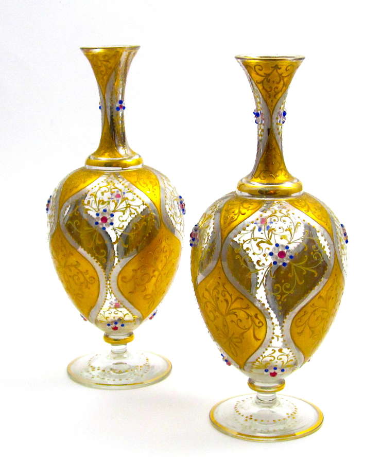 Pair of Antique Moser Glass Vases with Jewelled Flowers