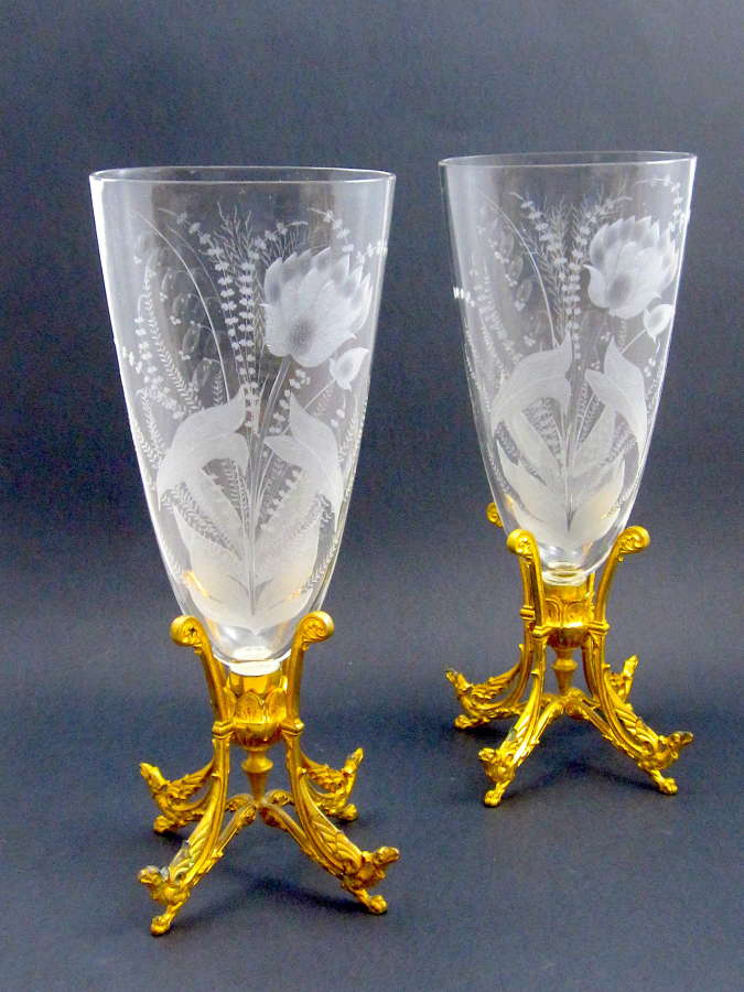 Pair of Exceptional BACCARAT Crystal Vases with Dore Bronze Mounts.