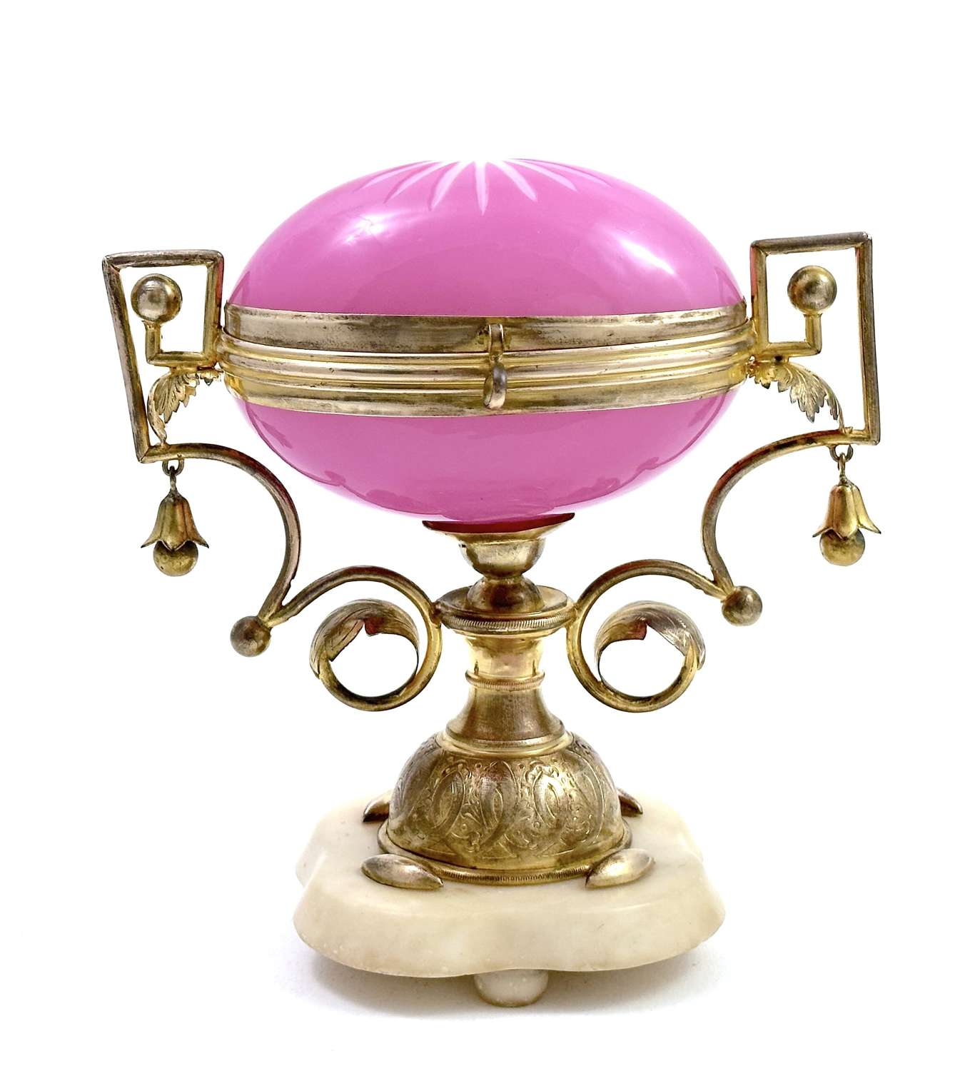 Large Antique Palais Royal Pink Opaline Glass Egg Casket